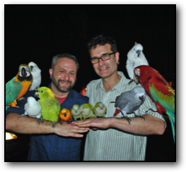 Dustin and John in Puerto Rico with Parrots